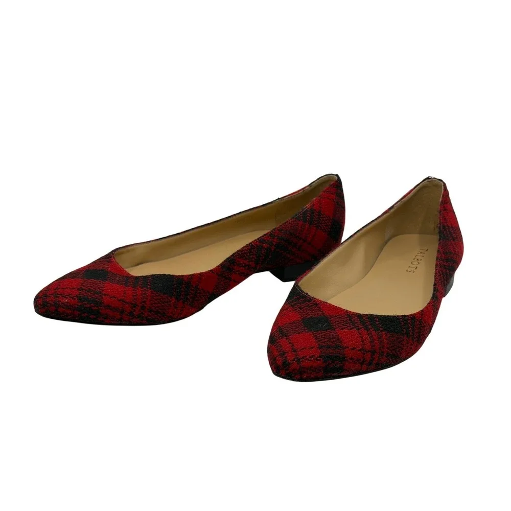 Talbots Womens Red Black Buffalo Plaid Pointed Toe Flats Shoes Size 8.5 W Brazil